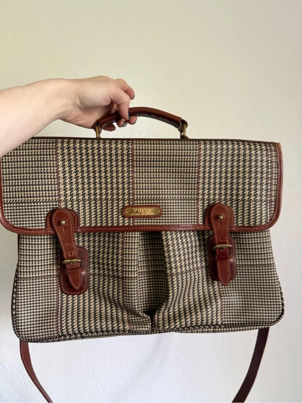 Polo by Ralph Lauren Brown Houndstooth Leather-Trim Briefcase